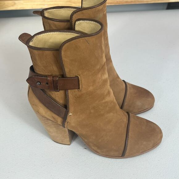 Rag & Bone Women's Boots 6.5 Kinsey Carmel Tan Nubuck Leather Strap Ankle Heel - Picture 2 of 15